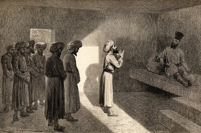 Arminio Vambery ontvangen in audiëntie door de Khan van Khiva, Oezbekistan, Centraal-Azië, tijdens zijn reizen daar in 1863, illustratie uit 